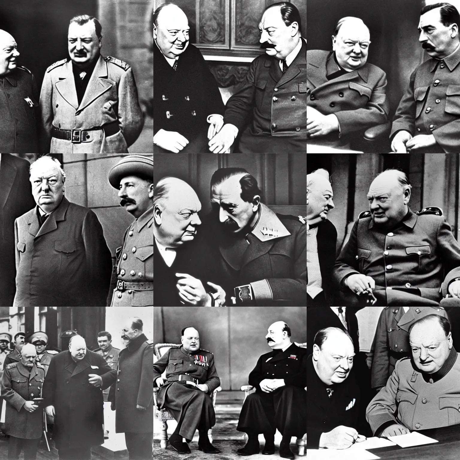 Prompt: churchill and stalin on yalta conference, retro photo, hyper realistic, 4 k