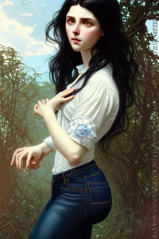 Image similar to ultra realistic, Beautiful black haired woman, Porcelain white complexion, big blue eyes, cute small lips., wearing jeans and white blouse, whip in hand, intricate details, eerie, highly detailed, octane render, 8k, art by artgerm and alphonse mucha and greg rutkowski