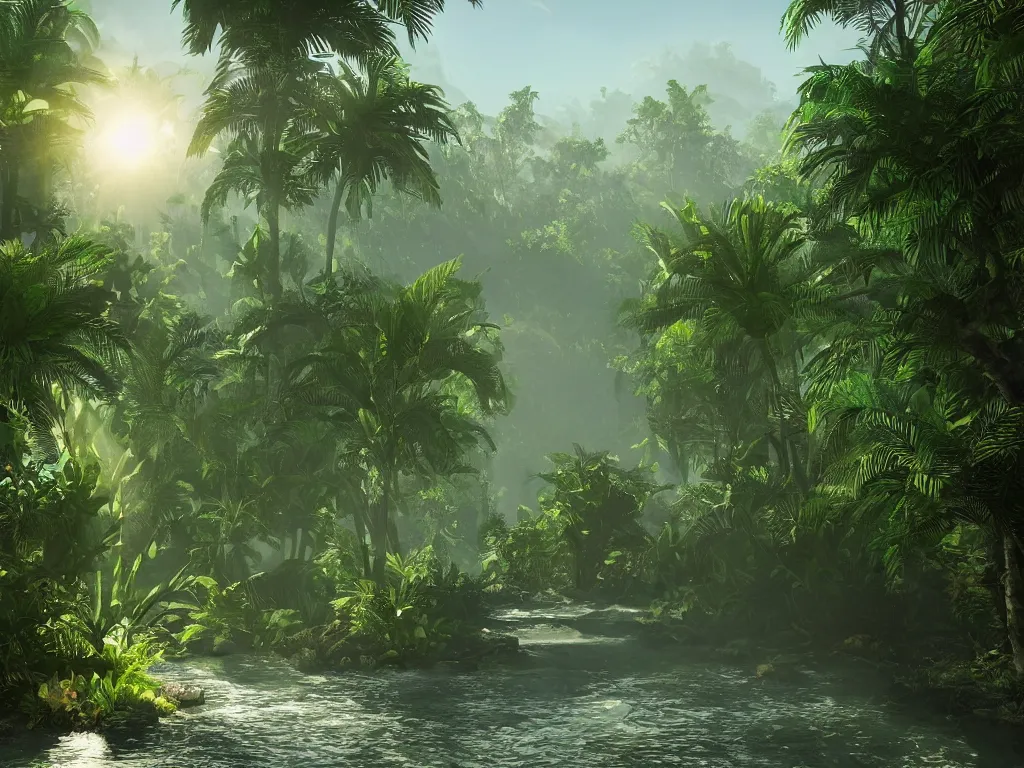 Prompt: Shadowy entrance to the jungle with palm trees and the river flowing near from the mountain. Fantasy style. Sun rays, lens flares. Cinematic, ArtStation, realistic photograph, ambient, shades of green, Unreal Engine 5, rendered by Octane.