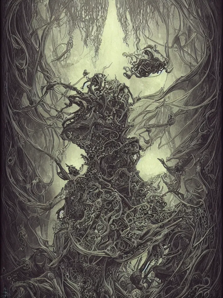 Prompt: The Abyss tarot card, Gothic aesthetic, cardstock, detailed linework, geometrical shapes, black paper, ornate, symmetrical, arcane tarot card, ink illustration, in the style of peter mohrbacher, beksinski and Yoshitaka Amano,