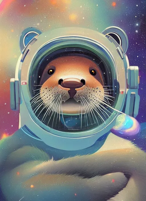 Prompt: a beautiful portrait of a cute otter swimming in outer space galaxy, detailed trending on artstation!, ( art by rhads ), ( art by miyazaki )