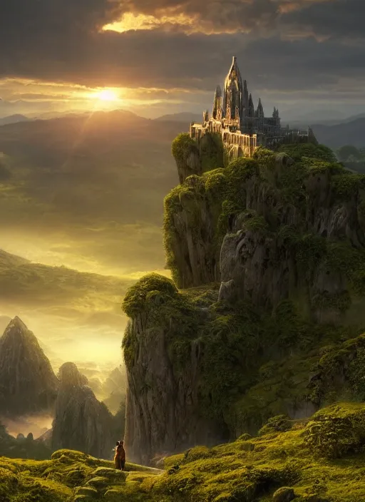 Image similar to a cosmic monk in lord of the rings scenery landscape, looking out at a vast lush valley at sunrise, temple castle in the distance, god's rays, highly detailed, vivid color, cinematic lighting, perfect composition, 8 k, gustave dore, derek zabrocki, greg rutkowski, belsinski, octane render