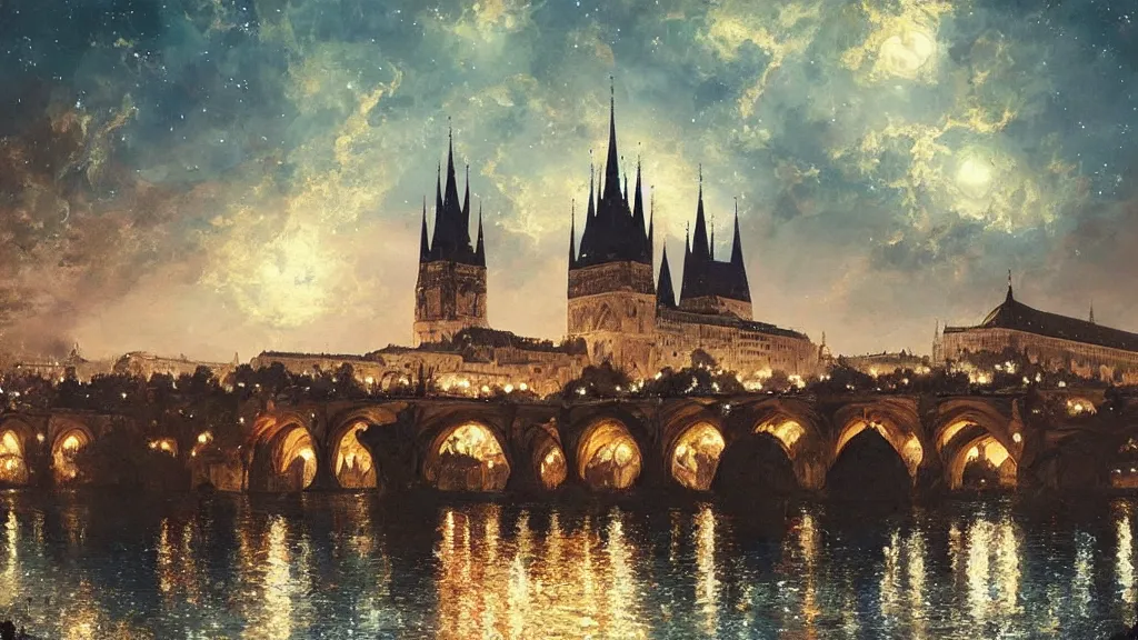 Image similar to a beautiful painting of a view from the river of a arabian prague cathedral palaces, at night with a sky full of stars, intricate, elegant, highly detailed, digital painting, artstation, concept art, by krenz cushart and artem demura and john williams waterhouse