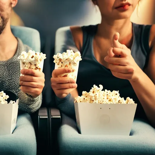 Image similar to photo of two hamsters, holding hands, bucket of popcorn next to them on a cinema seat, various poses, unedited, dim light, sharp focus, 8 k