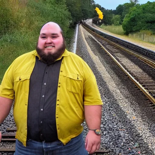 Image similar to All we had to do was follow the damn train, high quality photograph, a man on a yellow dirtbike and a fat man in green shirt standing next to him