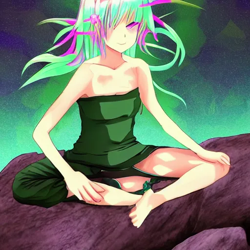 Image similar to anime girl with green hair, meditating on a rock, digital art,