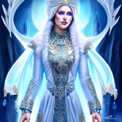 Image similar to beautiful ice queen in ornate robes, highly detailed, 8 k, hdr, award - winning, trending on artstation, anne stokes, hyper realistic