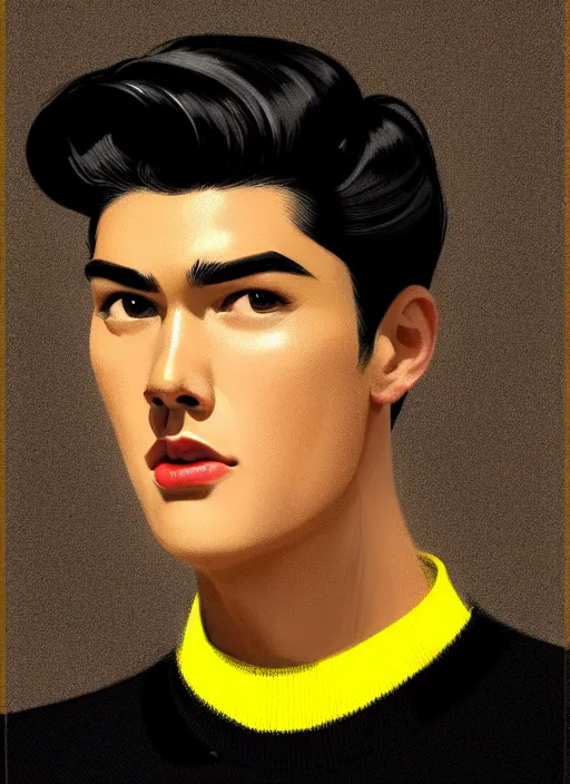 Image similar to portrait of young reggie mantle, mean smirk, egotistical, slicked back hair, striped yellow and black sweater, 1 9 5 0 s, intricate, elegant, glowing lights, highly detailed, digital painting, artstation, concept art, smooth, sharp focus, illustration, art by wlop, mars ravelo and greg rutkowski