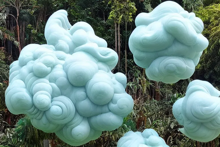 Image similar to a huge flock of many smooth puffy marvelous cloud sculptures with whirling ultra detailed gemstone crystal sculptures, art nouveau jungle environment, playful, award winning art, epic dreamlike fantasy landscape, ultra realistic,