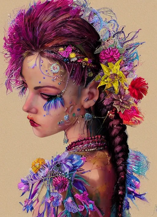 Image similar to beautiful fashion portrait of a mediterranean female wearing fantastic Hand-dyed cotton dress, embellished beaded feather decorative fringe knots ,colorful pigtail,subtropical flowers and plants,symmetrical face,intricate,elegant, highly detailed, 8k,post-processing,digital painting, trending on pinterest, arper's bazaar,concept art, sharp focus, illustration, by artgerm,Tom Bagshaw,Daniel Gerhartz,Albert Aublet,Lawrence Alma-Tadema