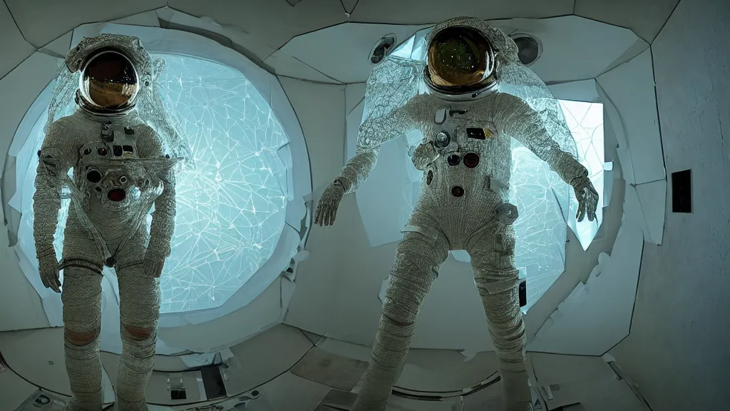 Image similar to a astronaut eva suit covered in diamond 3d fractal lace iridescent bubble 3d skin and covered with insectoid compound eye camera lenses floats through the living room, film still from the movie directed by Denis Villeneuve with art direction by Salvador Dalí, wide lens,