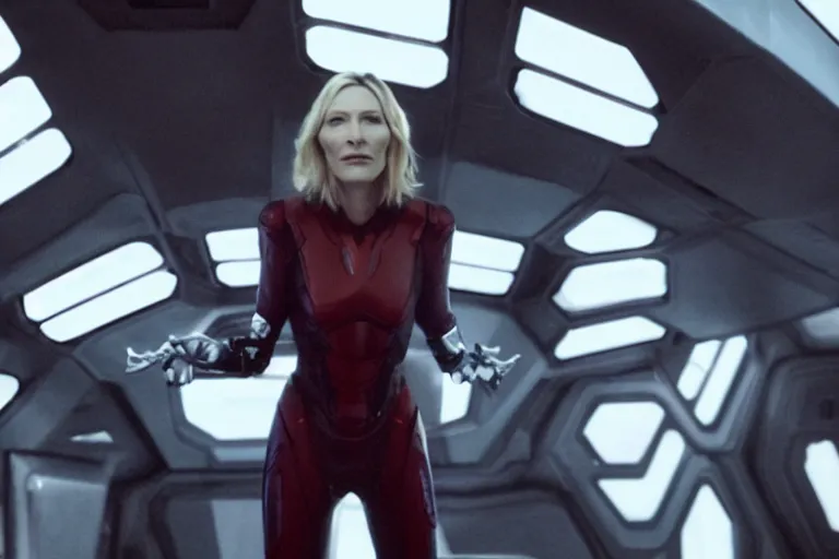 Prompt: cate blanchett on the bridge of a starship,cyborg, 4k, movie still