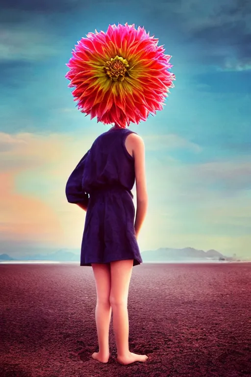 Image similar to closeup giant dahlia flower head, girl standing on beach, surreal photography, blue sky, sunrise, dramatic light, impressionist painting, digital painting, artstation, simon stalenhag