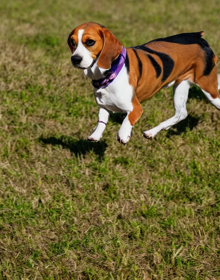 Image similar to a beagle running in a field, 8k, depth of field.