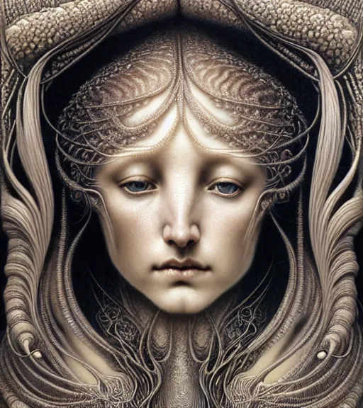 Image similar to detailed realistic beautiful ice goddess face portrait by jean delville, gustave dore, iris van herpen and marco mazzoni, art forms of nature by ernst haeckel, art nouveau, symbolist, visionary, gothic, neo - gothic, pre - raphaelite, fractal lace, intricate alien botanicals, ai biodiversity, surreality, hyperdetailed ultrasharp octane render