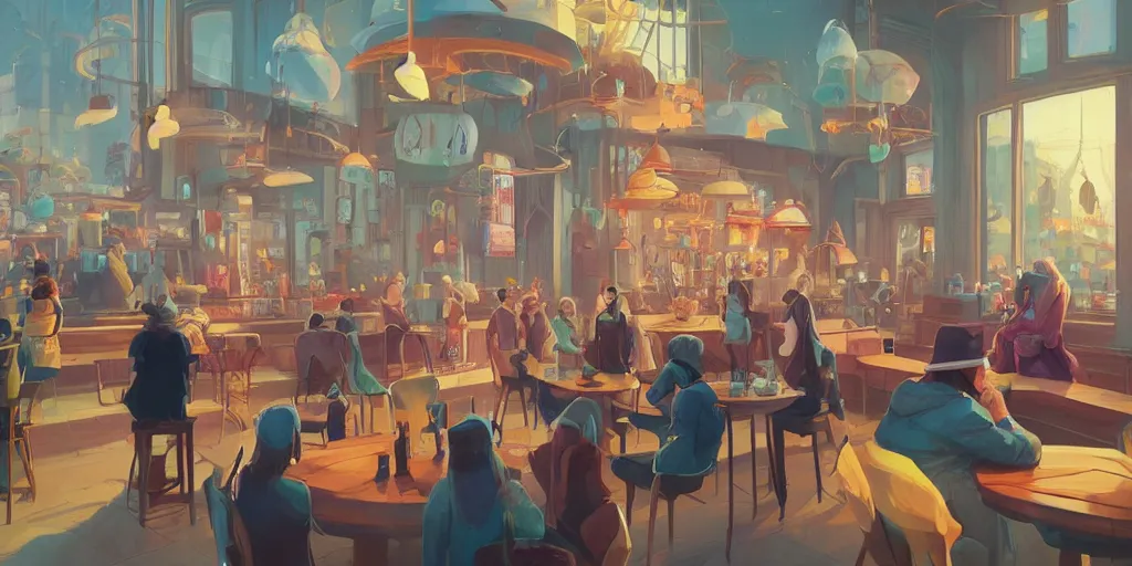 Prompt: in the center foreground a wizard with a pointy hat sips his coffee by Ross Tran, people stare in the busy coffee shop, digital art by beeple and RHADS, ultra realistic, award winning, artstation, unreal render,