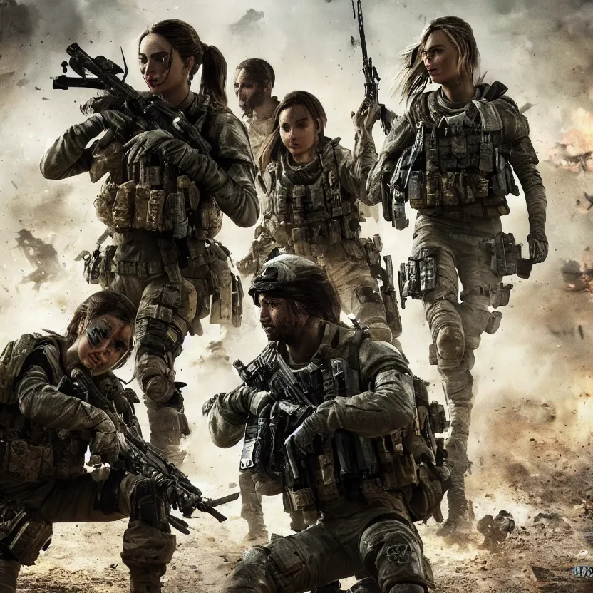 Image similar to ana de armas and margot robbie as a Call of Duty Modern warfare character highly detailed war torn environment epic pose