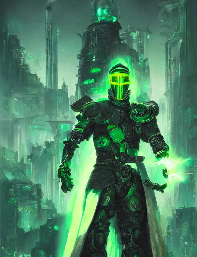 Prompt: cyberpunk masked knight in jade coloured cyberpunk armour alight with green flames, by frank fazetta and peter mohrbacher, trending on artstation, digital art, 4 k resolution, detailed, high quality, hq artwork, coherent, insane detail, concept art, character concept, character full body portrait