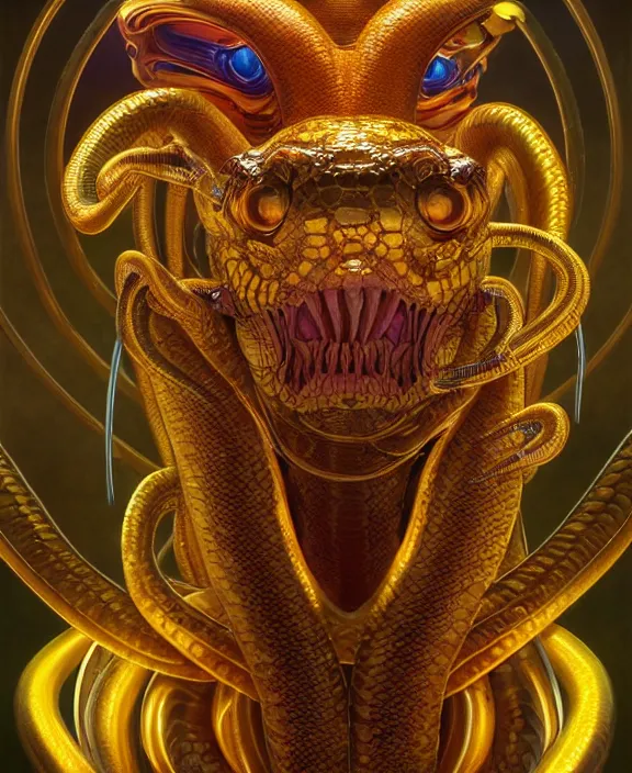 Image similar to intricate colorful golden portrait of a terrifying beautiful alien snake creature, mottling coloring, adorable, childlike, medical equipment hospital environment, ultra realistic, concept art, art nouveau, photorealistic, octane render, 8 k, unreal engine. art by christopher marley and artgerm and greg rutkowski and alphonse mucha