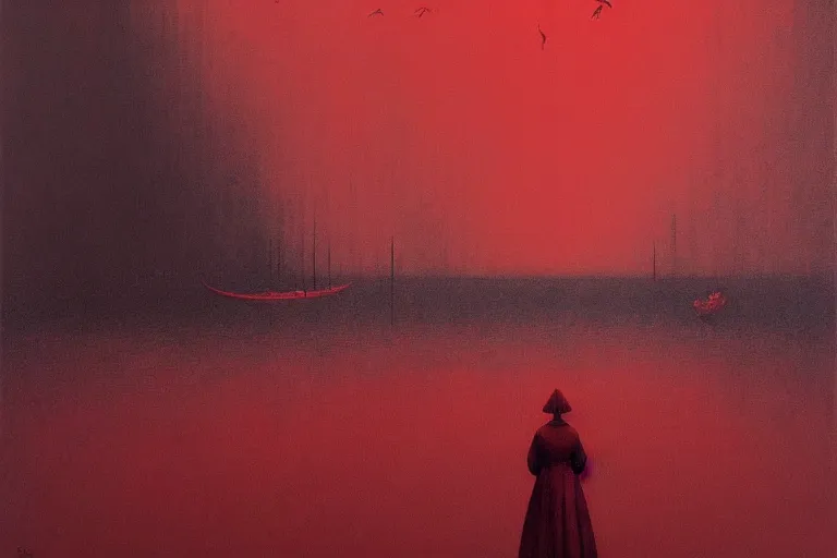 Image similar to only with red, a red dystopic knight, venice, flock of birds in the red sky, in the style of beksinski, parts by edward hopper, parts by rodcenko, parts by yue minjun, intricate and epic composition, red by caravaggio, insanely quality, highly detailed, masterpiece, red light, artstation, 4 k