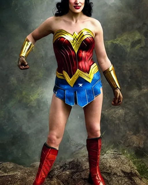 Image similar to a Chimpanzee dressed as Wonder Woman photographed in the style of Annie Leibovitz, photorealistic