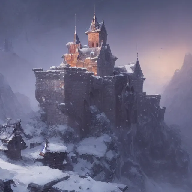 Image similar to a painting of a castle in the middle of a snowy mountain, a detailed matte painting by andreas rocha and greg rutkowski, featured on artstation, fantasy art, matte drawing, matte painting, artstation hq