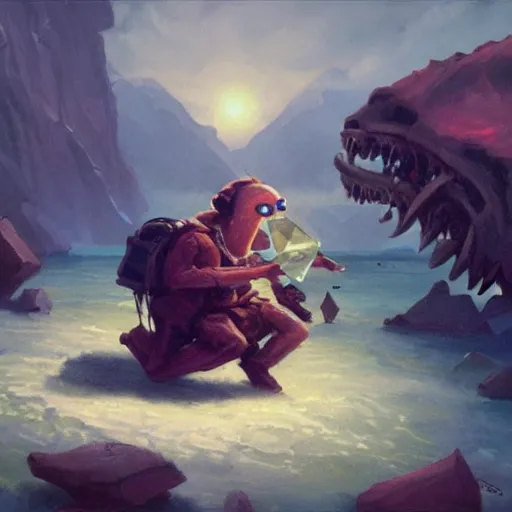 Image similar to Backpack mimic eating gemstones on a treasure pile, oil painting by Greg Rutkowski