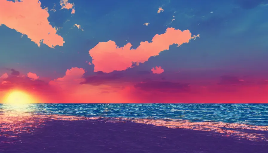 Image similar to miami vibes, unreal engine, digital art, sunset, sharp focus, beach, vivid color, clear sky