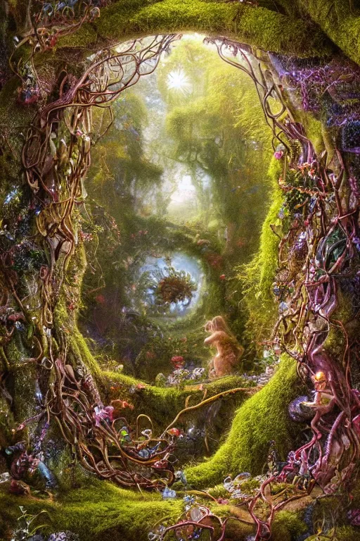 Image similar to a beautiful and highly detailed digital painting of a portal to fairyland, iridescent crystals, moss, multicoloured vines, tangled, the secret garden. intricate details, epic scale, hyperdetailed, hyperrealism,, artstation, cgsociety, 8 k, sharp focus, by caspar friedrich, albert bierstadt, james gurney, brian froud,