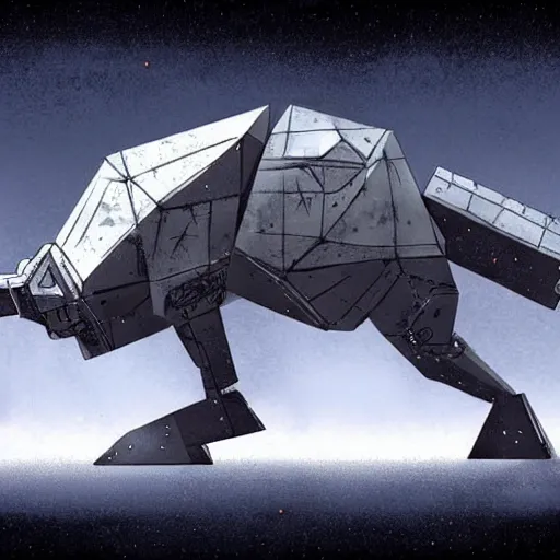Prompt: a fusion between the tarrasque and an AT-AT, flat grey color, completely metal, imperial symbol, walking across ice planet, firing laser, concept art