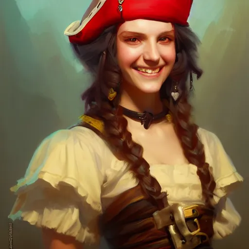 Image similar to portrait painting of a pirate queen age 2 5, bright and energetic, with a sweet smile and floofy hair, render cinematic lighting art 1 9 2 0 period drama by bussiere rutkowski andreas rocha