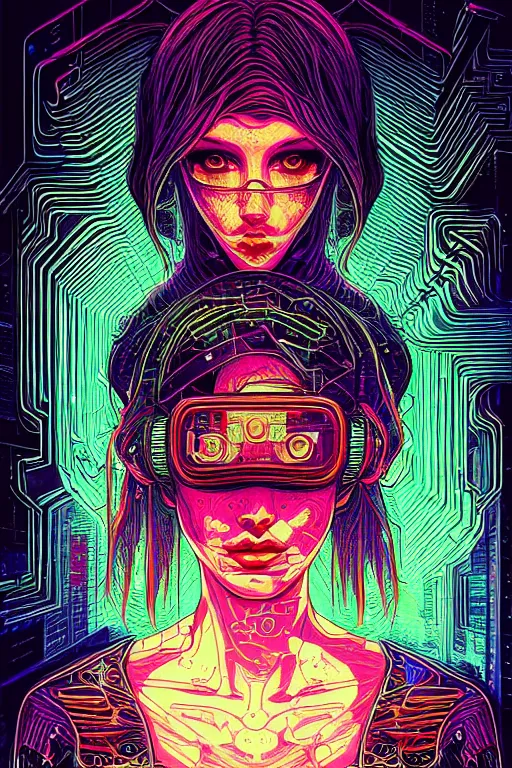 Image similar to dreamy cyberpunk girl, abstract mirrors, digital nodes, beautiful woman, detailed acrylic, grunge, intricate complexity, by dan mumford and by alexandros pyromallis intaglio