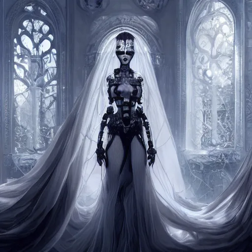 Image similar to female gothic robots with heart human organ, dressed in white intricate lace, veils and jewels, epic environment, matte painting, diffused lighting, highly detailed, cinematic, epic atmosphere, digital art, trending on artstation, wide angle