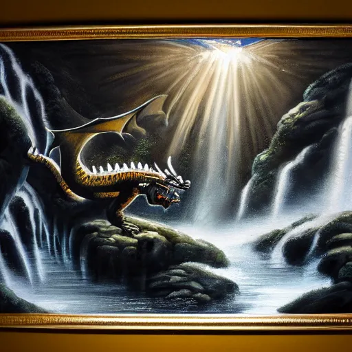 Image similar to oil painting of a dragon flying in the air near a cave with a waterfall in the center, light emanating from the waterfall leading to a big pool of water, dragon has black and white tiger stripes, elegant, sharp focus, wide shot, clear, detailed, early renaissance