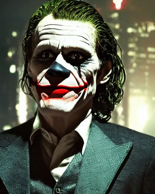 Image similar to a movie still of Batman starring Willem Dafoe as the Joker smiling, 8k, Technicolor, telephoto lens, detailed skin, detailed realistic eyes, medium shot, mid-shot