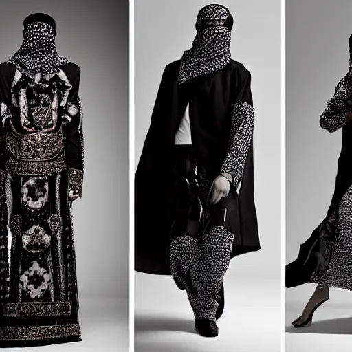 Image similar to a traditional arabic clothing in a modern way, hedi slimane, balenciaga, fashion design, photography