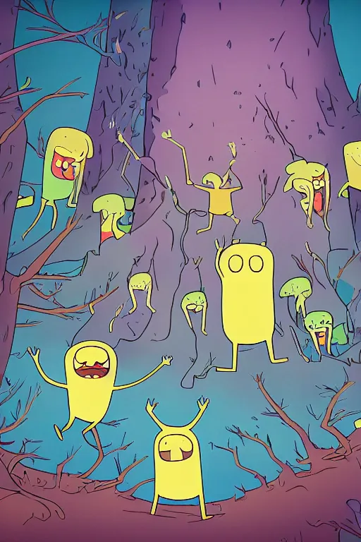 Image similar to Artwork in style of Adventure Time of the cinematic view of the Ghastly Forest of Insanity.