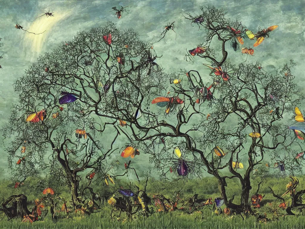 Image similar to Strange giant iridescent insects eating in the iris field while a lightning strikes a crooked oak tree, painting by Walton Ford, Max Ernst