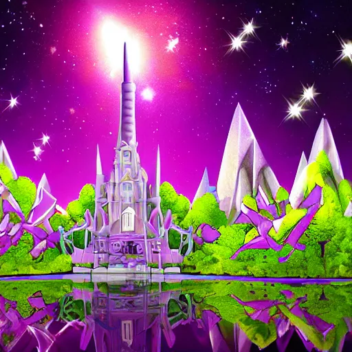 Prompt: purple crystal castle on fire with shooting stars of all colors