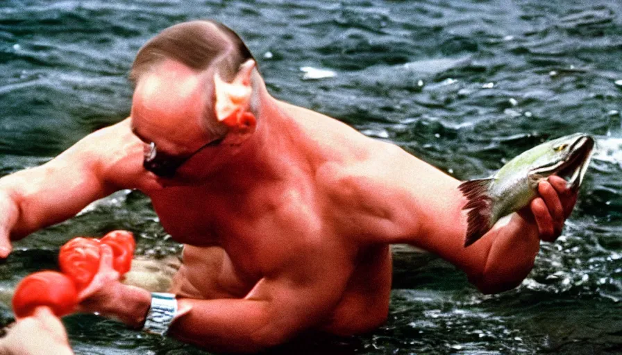 Image similar to 7 0 s movie still of putin in speedo, punching a salmon in the face, focus on face. cinestill 8 0 0 t _ 3 5 mm eastmancolor, heavy grain, high quality, high detail