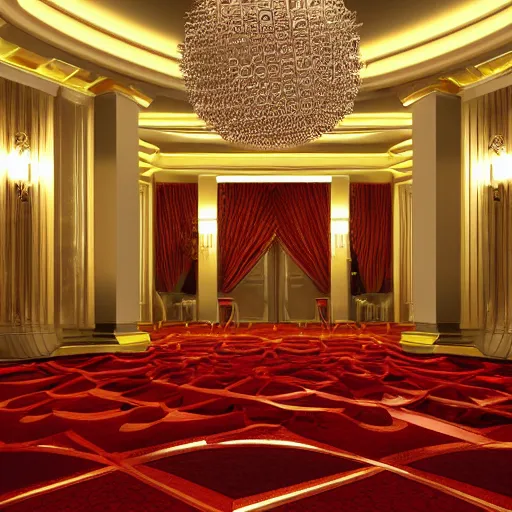 Prompt: isometric view of a lavish hotel lobby, full of cherrywood and red carpet and golden accents on the walls, high quality, digital art, room design