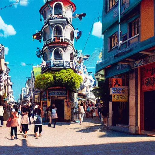 Prompt: photograph of sunny street with people walking, street has many shops and bulls, fantasy, by studio ghibli, dramatic light