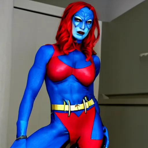 Prompt: Christina Hendriks dressed as mystique from the x-men