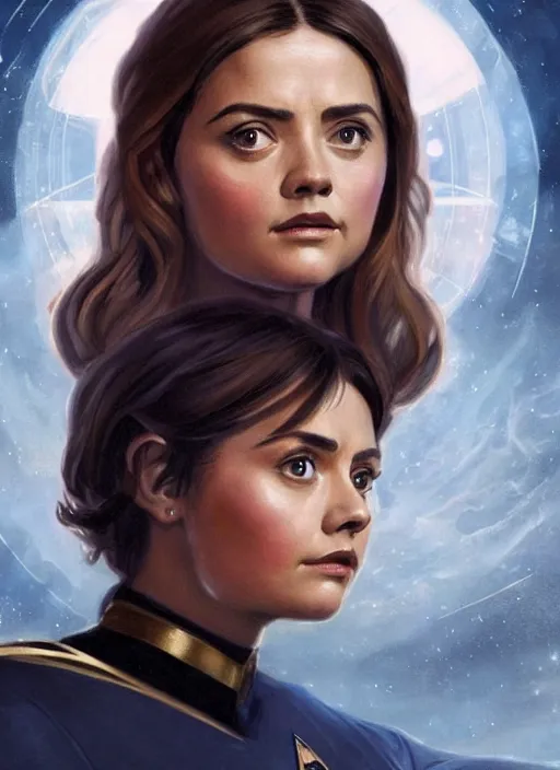 Image similar to jenna coleman as a star trek captain, a still from star trek painted by artgerm and greg rutkowski and alphonse mucha. clear highly detailed face, beautiful sci fi art