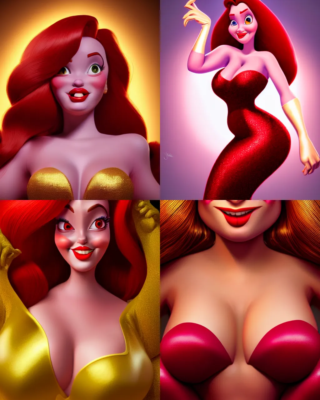 Prompt: hyperdetailed beautiful portrait of jessica rabbit as a disney pixar character, hd detailed texture, excellent 3 d render, 8 k, octane render, soft lighting, ultrarealistic, sharp focus, golden hour, specularity, reflections, intricate dress
