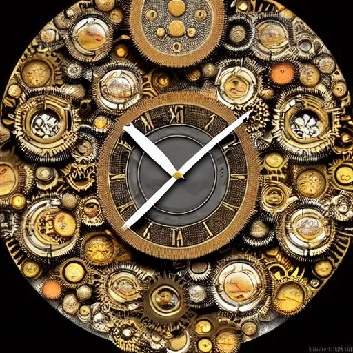 Image similar to a close up of a clock with many gears, a flemish baroque by takashi murakami, behance, kinetic art, steampunk, skeuomorphic, made of liquid metal a microscopic photo by ernst haeckel, zbrush central, kinetic pointillism, intricate patterns, photoillustration