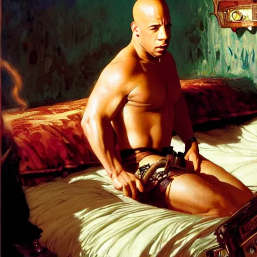 Image similar to vin diesel is in his bed, nervous and terrified, because kat dennings from hell is attacking him. highly detailed painting by gaston bussiere, j. c. leyendecker, greg rutkowski, craig mullins 8 k