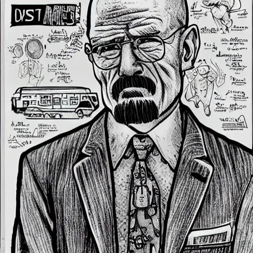 Image similar to The Artwork of R. Crumb and his Cheap Suit Breaking-Bad-Walter-White meth-lab, wearing a bio-hazard suit pencil and colored marker artwork, trailer-trash lifestyle