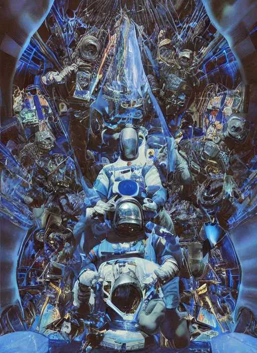 Image similar to astronauts in dark and empty void blue fire poster - complex and hyperdetailed technical suit. reflection and dispersion materials. rays and dispersion of light. volumetric light. 5 0 mm, f / 3 2. noise film photo. flash photography. ultra realistic, wide angle. poster by wayne barlowe, hajime sorayama aaron horkey, craig mullins