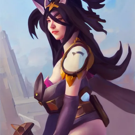 Image similar to greg manchess portrait painting of partially armored ahri as overwatch character, medium shot, asymmetrical, profile picture, organic painting, sunny day, matte painting, bold shapes, hard edges, street art, trending on artstation, by huang guangjian and gil elvgren and sachin teng